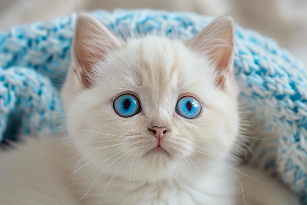 Adorable White Kitten with Striking Blue Eyes Snuggled in Soft Blue Knit Blanket Cute Pets Cozy