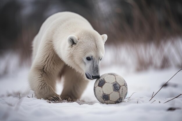 Фото Увлекательный белый белый медведь играет в футбол в снежной арктике.