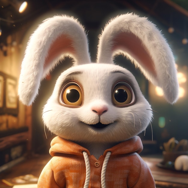 adorable white rabbit wearing a cute hoodie with big eye