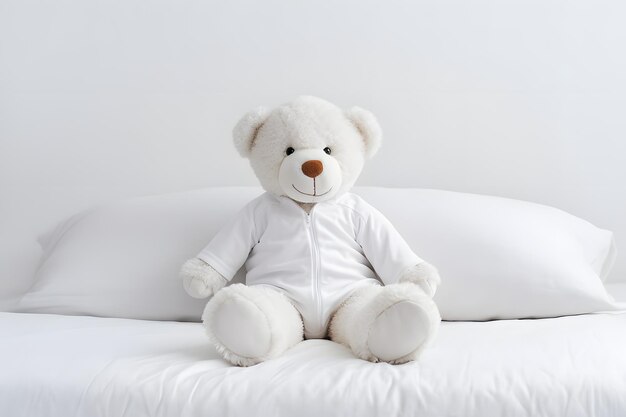 Adorable White Teddy Bear Resting Comfortably on a Bed with Soft White Pillows Generative AI