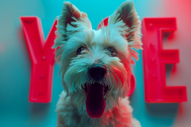 Foto adorabile white west highland terrier dog con la lingua fuori in vivid anaglyph effetto 3d con neon love