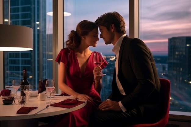 写真 スタイリッシュな服を着た可愛い女性とハンサムな男性がテーブルに座って赤ワインを飲み ⁇ 食べています