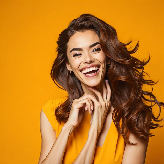 Adorable woman in orange attire touching her brown wavy hair laughing blithesome girl posing on yel