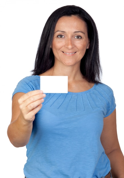 Adorable woman with a business card isolated on a over white background 