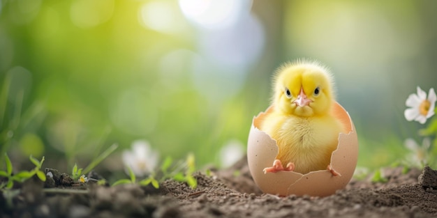 Photo adorable yellow chick emerges from its shell symbolizing easter joyfulness