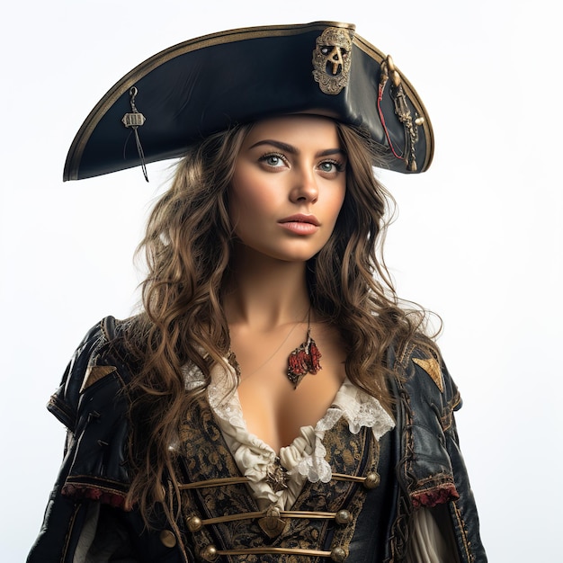 사랑스러운 젊은 파란 눈의 뜨거운 여자가 해적 의상을 입고  모자에 고립되어 있습니다.