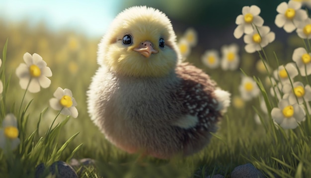 Adorable Young Chick on a Spring Flower Field