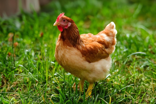 Adorable young chicken stands in vibrant farmyard setting