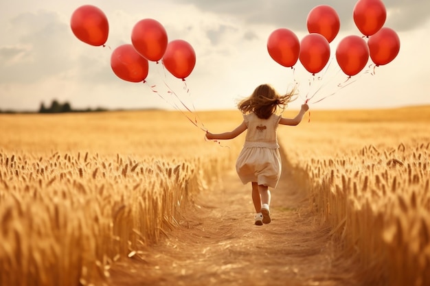 Adorable Young Girl Running Through the Field with Balloons Generative AI