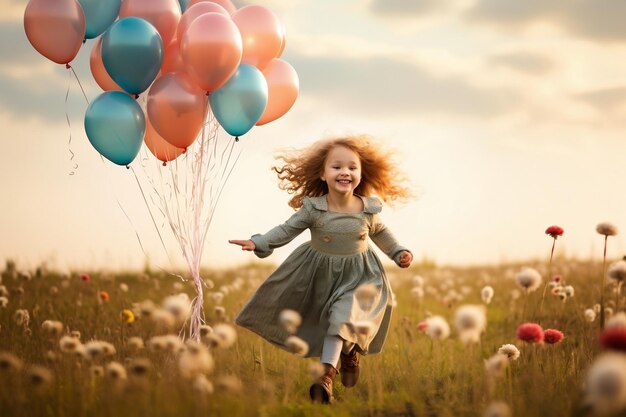 Adorable Young Girl Running Through the Field with Balloons Generative AI