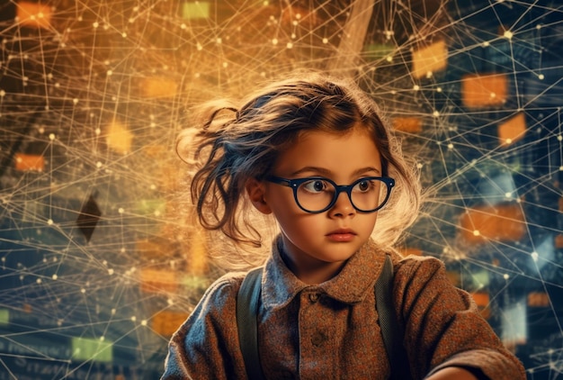 An adorable young intelligent and gifted girl with glasses with scientific symbols AI generated