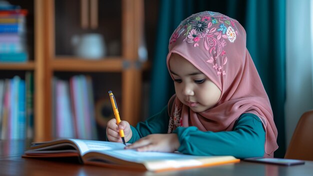 Adorable young Muslim girl studying and reading writing and exploring her creativity as a preschooler at home