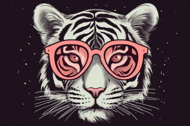 Очаровательно нарисованный тигр в очках и с розовой лентой