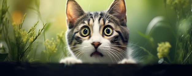 Adorably Funny Surprised Cat with Big Eyes on a Green Backdrop Concept Animal Photoshoot Funny Expressions Creative Backgrounds Quirky Portraits Adorable Pets