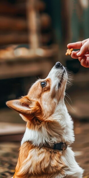 Adoring Corgi wacht met verwachting in zijn ogen op een traktatie