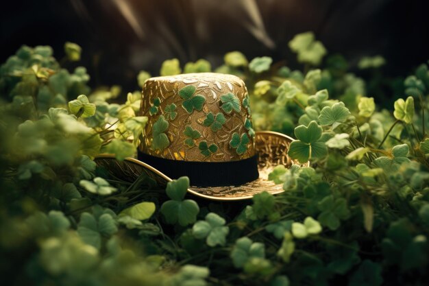 Adorned with charming clover leaves a leprechaun hat becomes a festive masterpiece symbolizing the jubilant spirit and cultural richness of St Patrick39s Day in a delightful display