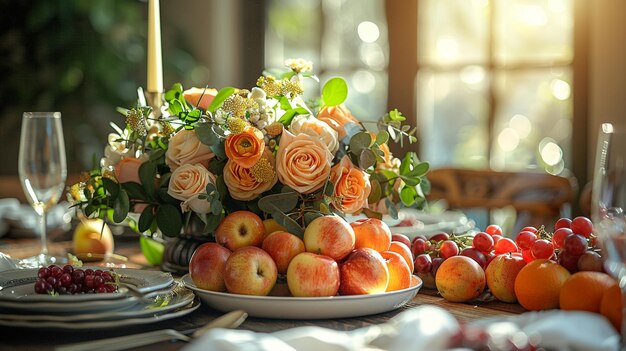 Photo adorning the dining table with fresh flowers background