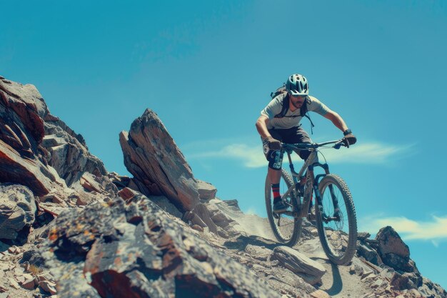 Adrenaline pompende scène van extreem mountainbiken op een rotsachtig pad