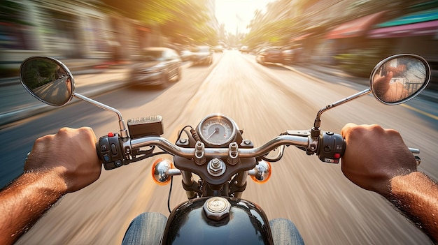 Adrenaline rush on the roads motorcyclist in urban traffic