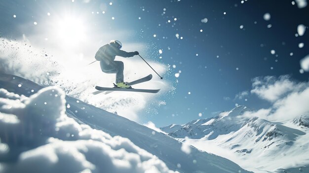 Photo an adrenalinepumping moment of a skier carving through fresh snow under a bright sun embodying the thrill of winter sports the essence is ai generative