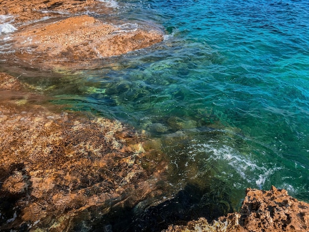 Adriatic blue sea with coastal cliffs on a sunny day Montenegro