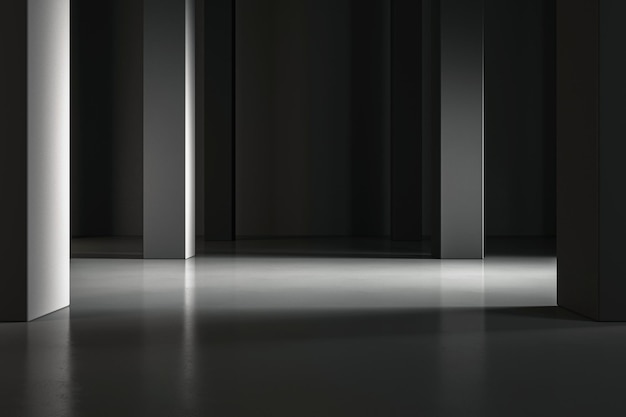 Маркетинговая концепция рекламной кампании с абстрактным освещением темный зал с серыми колоннами на пустом бетонном полу с местом для презентации вашего продукта на фоне темной стены 3D-рендеринг макет