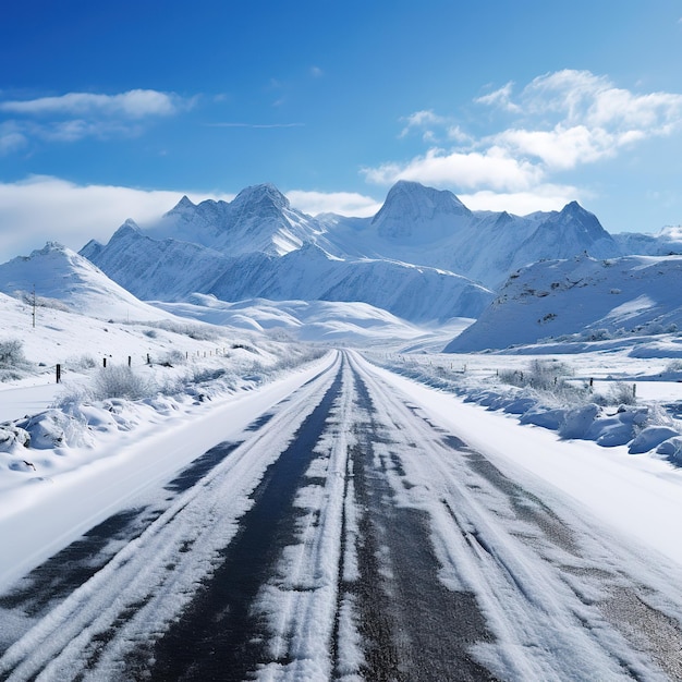 Ads for a snow covered road a snow covered road with isolated mountains