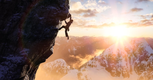 Foto uomo avventuroso adulto arrampicata su roccia una ripida scogliera rocciosa