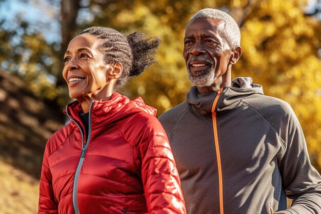 Photo an adult african american couple is jogging in the park generative ai