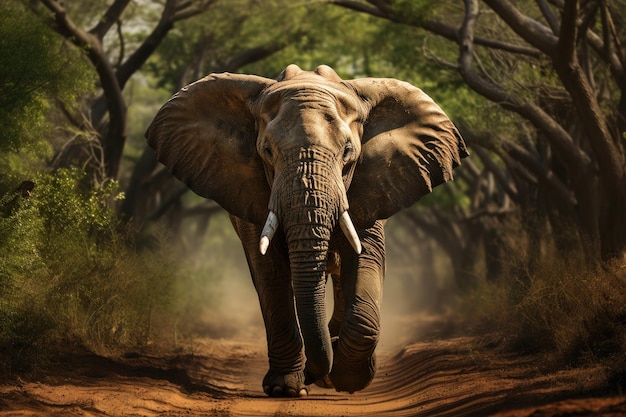 大人のアフリカゾウがジャングルの道を歩いている