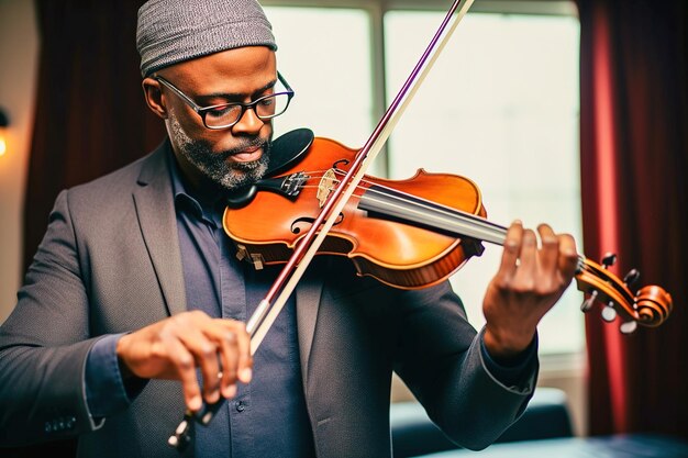 An adult AfricanAmerican male playing the violin