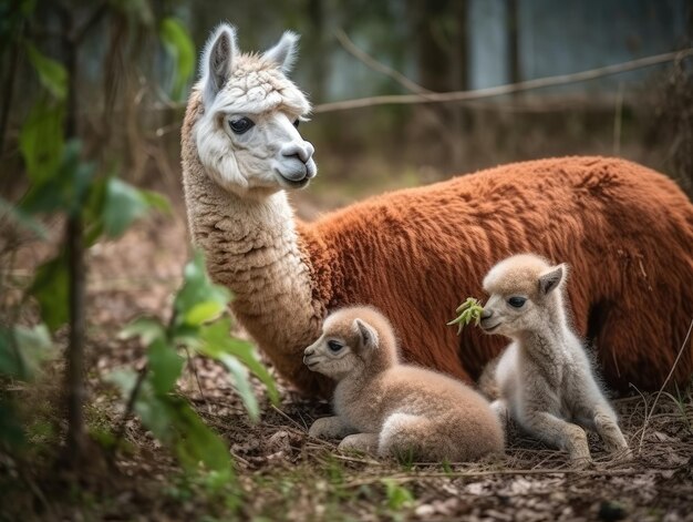 Adult Alpaca with babies generative AI