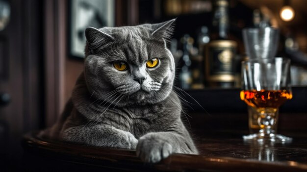 An adult angry cat looks into the frame a closeup on an animal on a wooden counter in an old bar next to a glass of whiskey rest at the end of the working day AI generated