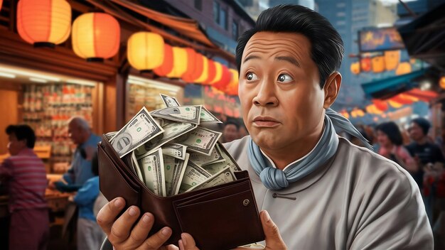 Adult asian man looking to his wallet full of money with confused expression