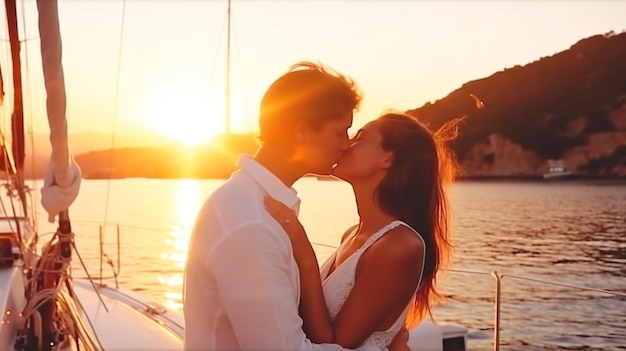 Photo adult attractive married couple sharing a passionate kiss on a yacht while on vacation generative ai