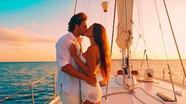 Adult attractive married couple sharing a passionate kiss on a yacht while on vacation Generative AI