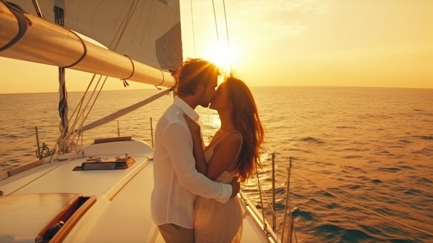 休暇中にヨット上で情熱的なキスを共有する大人の魅力的な夫婦 生成 AI