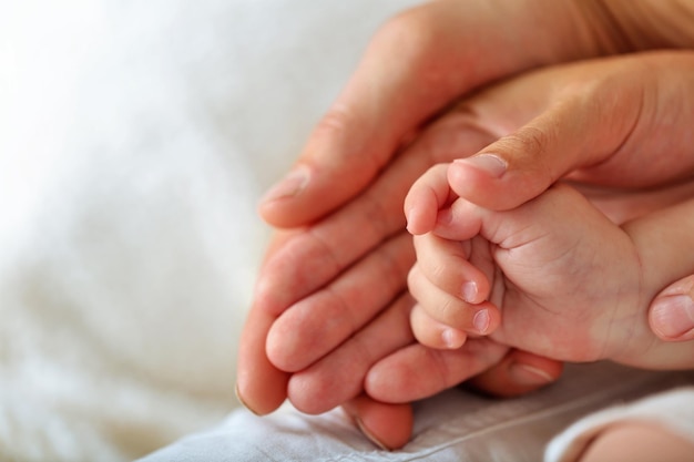 Adult and baby hands closeup