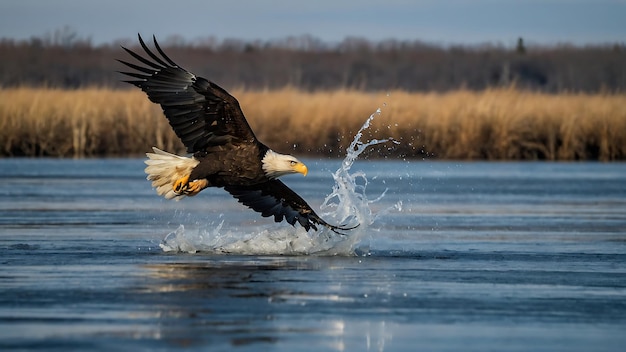 Adult Bald Eagle flight in storm Winter landscape