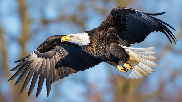 성인 Bald Eagle haliaeetus leucocephalus가 Generative Ai에 대항하여 비행하고 있습니다.