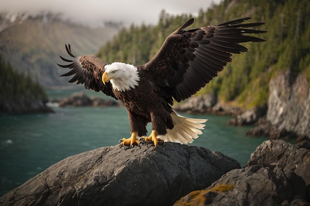 An adult bald eagle is gliding through a clear blue sky with its wings fully extended