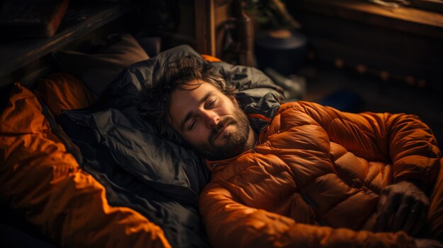 Adult bearded man in a jacket lying on a sleeping bag at a campsite resting after climbing