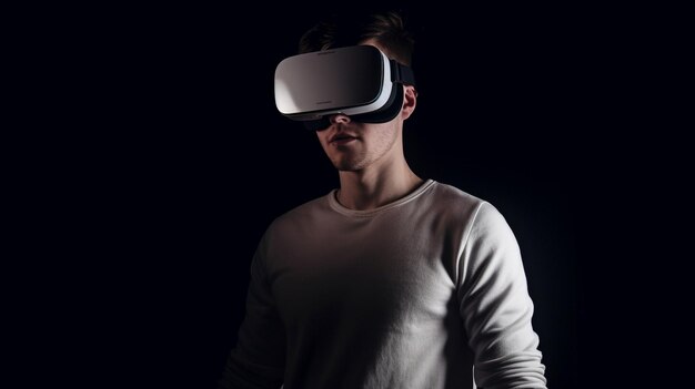 An adult bearded man wearing casual clothing and a VR headset is shown in a studioGenerative AI