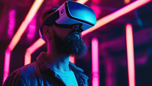 Photo adult bearded man wearing virtual reality glasses concept of immersion