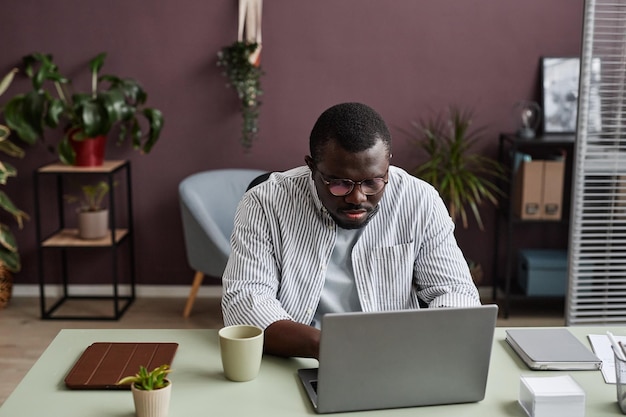 Adult black man using laptop in minimal office decorated with live green plants