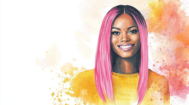 ピンクのストレートヘアのアダルト・ブラック・ウーマン (水彩画)