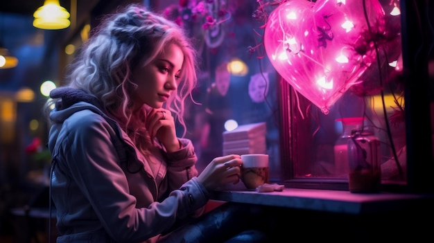 An adult blonde girl sits alone a neon Valentine heart instead of a lamp decorates a cafe