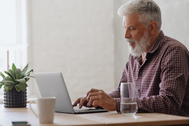 L'uomo d'affari adulto con i capelli grigi sta lavorando a un laptop nella sua carriera in ufficio, finanza e marketing