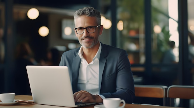 Adult businessman executive sitting at desk using laptop