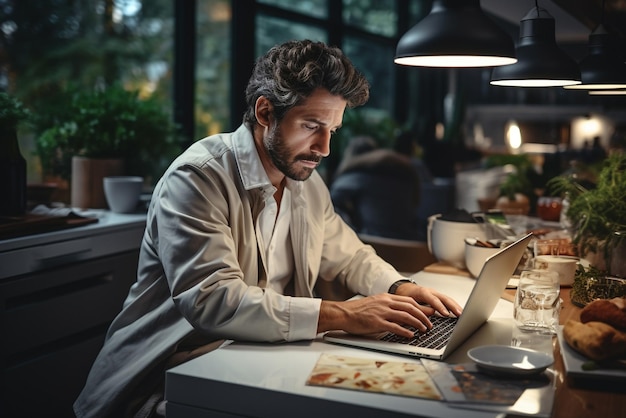 Adult businessman using laptop for business indoors